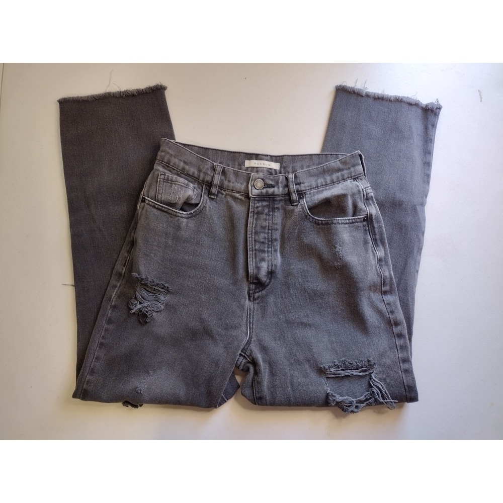 Pacsun High Rise‎ Straight Leg Gray Distressed Ripped Frayed Hem Jeans Women's